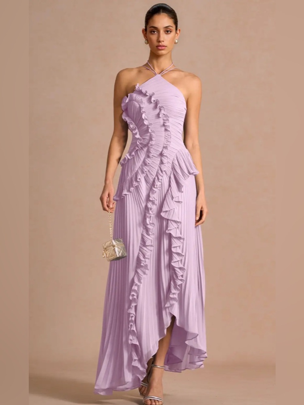 Elegant One-Shoulder Pleated Maxi Dress in Dusty Rose